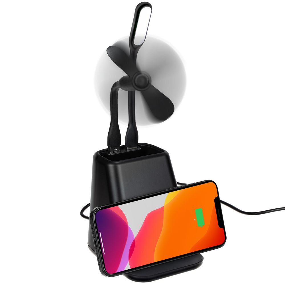 Изображение №1 | Настольный органайзер с зарядкой, лампой, вентилятором и подсветкой логотипа powerTower, черный