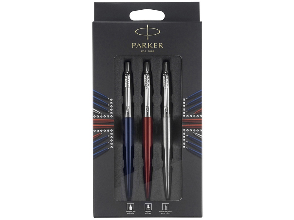 Изображение №1 | Набор Parker Jotter London Trio: ручка гелевая, ручка шариковая. карандаш (красный, синий, серебристый)