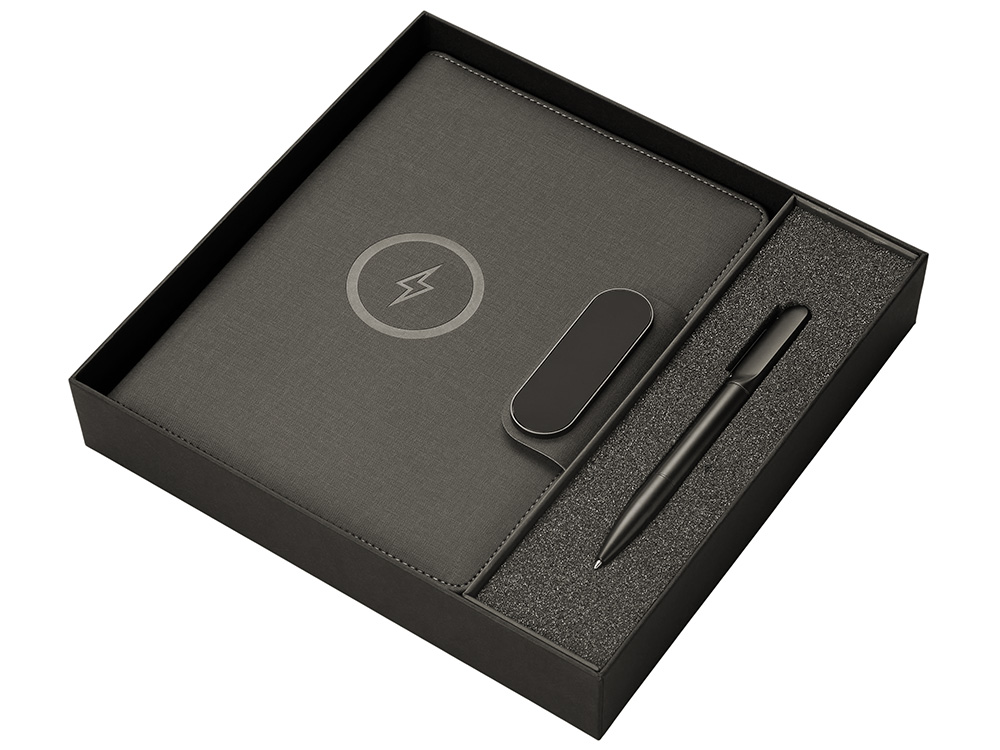 Изображение №2 | Подарочный набор «Twilight»: органайзер А5 с беспроводной зарядкой и металлическая шариковая ручка со светящимся логотипом (черный)