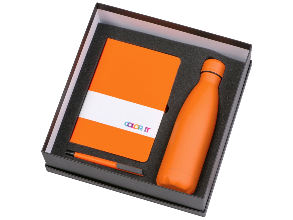 Изображение №2 | Подарочный набор «COLOR IT» c блокнотом, ручкой и термобутылкой гибкая обложка (оранжевый)