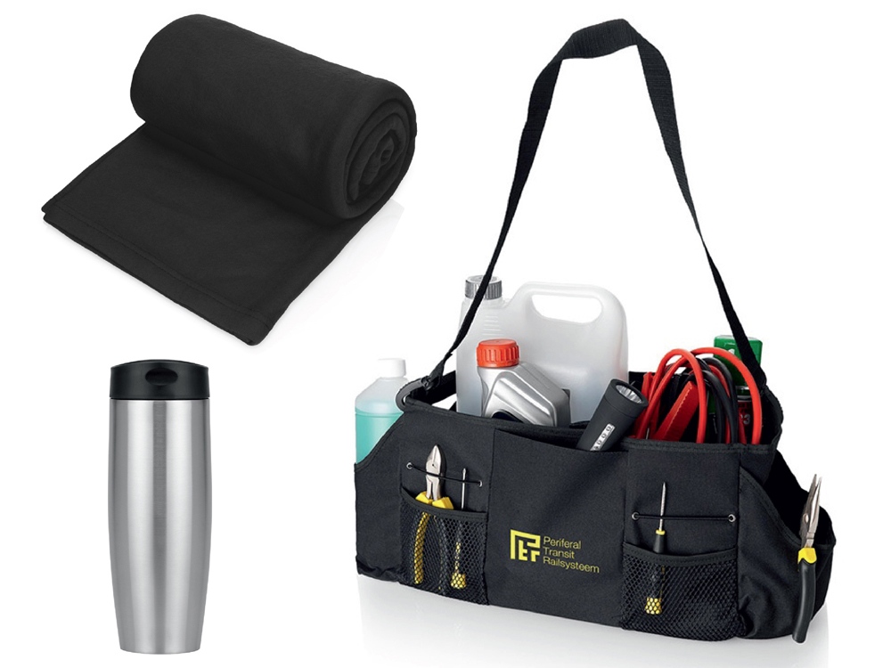 Изображение №1 | Набор для автомобиля с пледом, термокружкой в сумке для инструментов (черный)