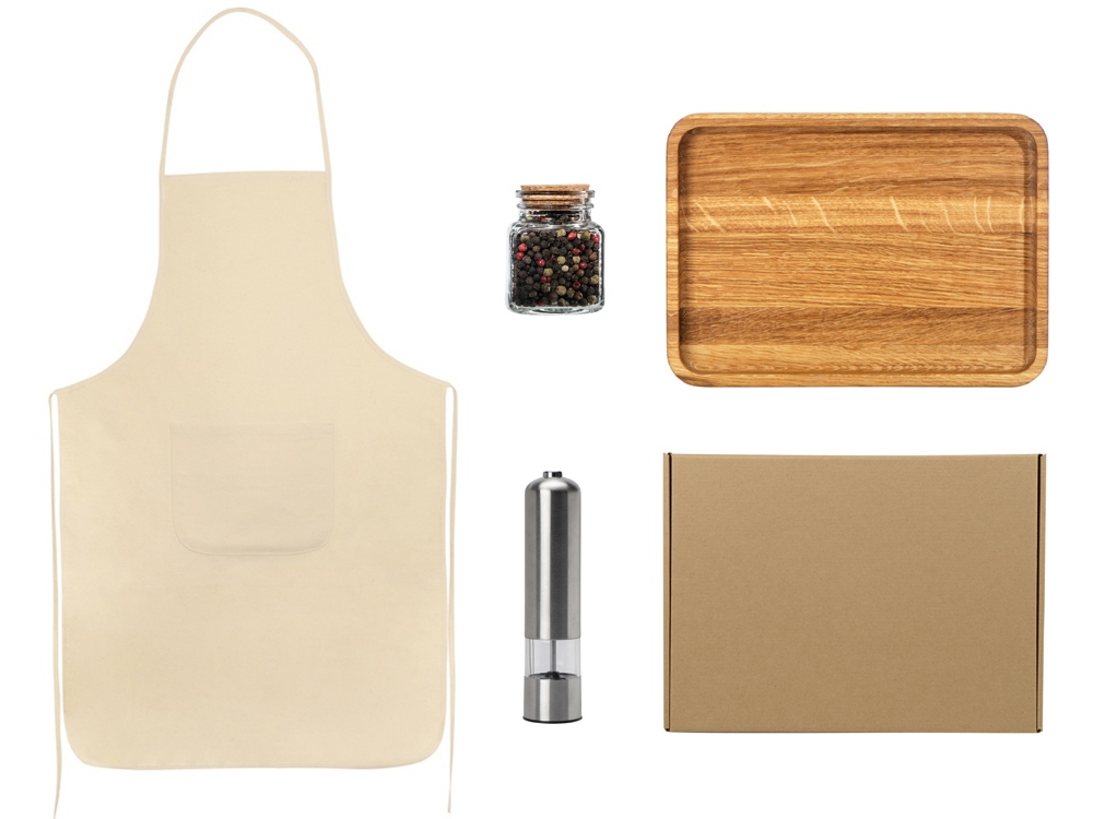 Изображение №1 | Подарочный набор для кухни с фартуком, подносом, мельницей и специями (коричневый)