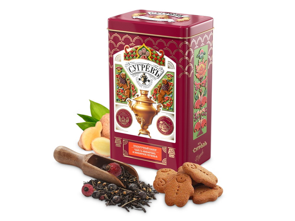 Изображение №1 | Черный чай и имбирное печенье в подарочной упаковке (бордо)