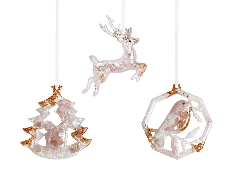 Изображение №1 | Набор елочных игрушек: Снегирь, Олень, Ель (Розовый кварц)