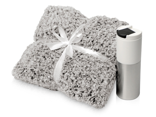 Изображение №1 | Подарочный набор «Хюгге» с пледом и термокружкой (плед- бело-черный, термокружка- белый/серебристый)