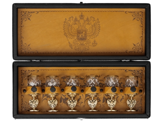 Изображение №2 | Подарочный набор хрустальных стопок (стопки- прозрачный/золотистый, шкатулка- темно-коричневый/рыжий)