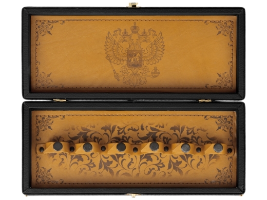 Изображение №3 | Подарочный набор хрустальных стопок (стопки- прозрачный/золотистый, шкатулка- темно-коричневый/рыжий)