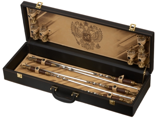 Изображение №1 | Набор «Подарочный» (стопки- прозрачный/золотистый, шампура- серебристый/коричневый, дипломат- темно-коричневый)