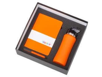 Изображение №2 | Подарочный набор c блокнотом C1, ручкой и бутылкой гибкая обложка (оранжевый)