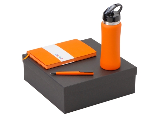 Изображение №1 | Подарочный набор c блокнотом C1, ручкой и бутылкой гибкая обложка (оранжевый)