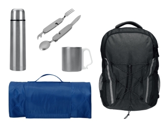 Изображение №1 | Набор туриста с термосом, кружкой, столовыми приборами и пледом (синий, темно-серый)