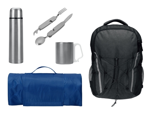 Изображение №1 | Набор туриста с термосом, кружкой, столовыми приборами и пледом (синий, темно-серый)