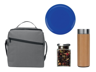 Изображение №1 | Набор для отдыха на природе с термосом и чаем в сумке-холодильнике (синий, серый)