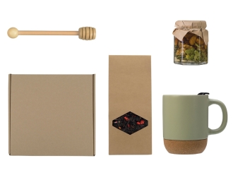 Изображение №1 | Подарочный набор с чаем, кружкой, медом и ложкой для меда (зеленый оливковый)