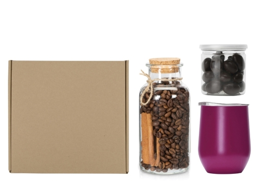 Изображение №1 | Подарочный набор с термокружкой, кофе и миндалем в шоколаде (красный бургунди)