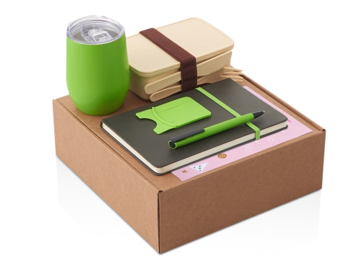 Изображение №1 | Набор «Refreshment» с термокружкой, блокнотом, ручкой и ланчбоксом (зеленое яблоко, бежевый, серый)
