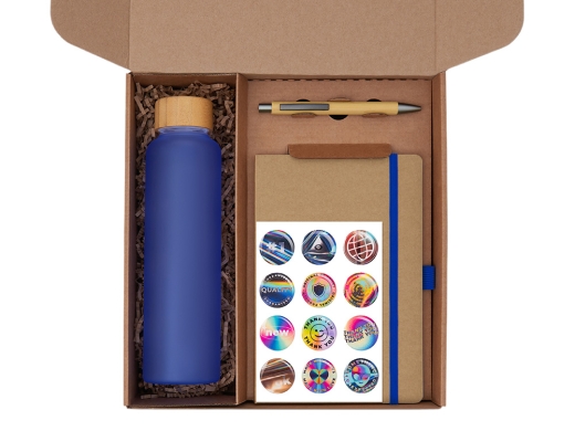 Изображение №2 | Набор «Wooden» с бутылкой, блокнотом, ручкой и подставкой для телефона (синий, темно-серый)