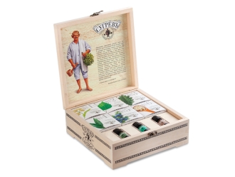 Изображение №1 | Подарочный набор с чаем и эфирными маслами «История пара и самовара» в деревянной шкатулке (крафт/многоцвет)